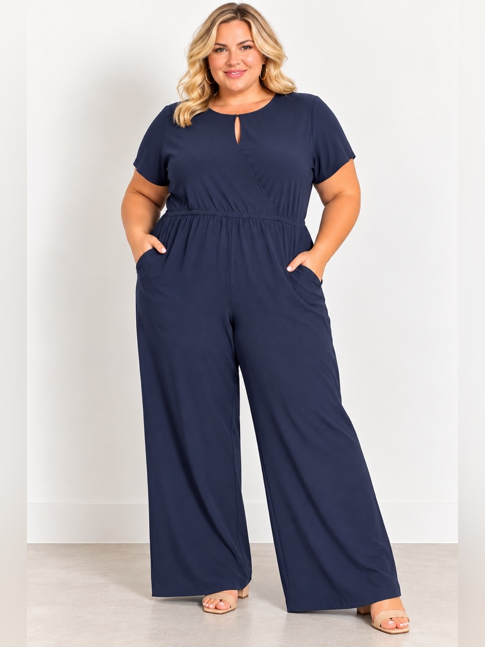 Lane Bryant Navy Blue Jumpsuit Size 24/26 Plus Size Wide Leg Pockets Stretch